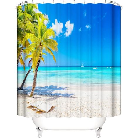 (180x180 Cm) Rideau De Douche 3d Bleu Ocan Rsistant  La Moisissure Motif Paysage Ocan Tropical Rideau De Douche Tissu Impermable Sable Beige Ridea