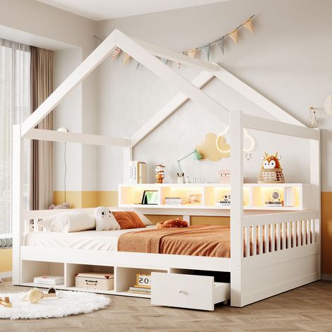 Lit cabane 140 x 200 cm avec rangements, tiroirs, LED et prises, bois et MDF, blanc - REDOM (1/5)