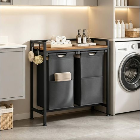 Meuble panier à linge 70x30x71 cm en bois noir, avec rangement, salle de bain FLORAGRACE (1/5)