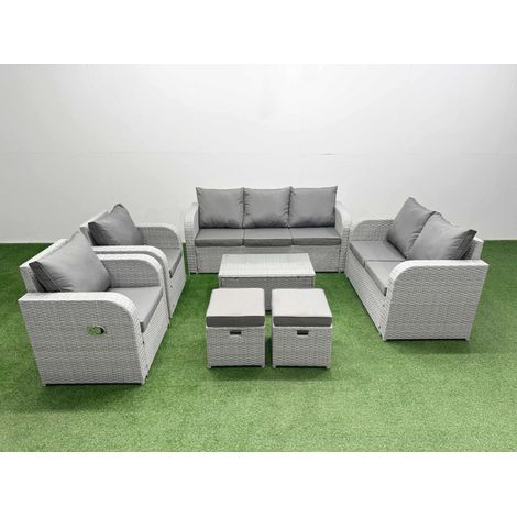 Fimous PE Rattan Garden Furniture Set Adjustable Chair Sofa Double Love Seat 2 Seater Sofa Lounge Set Oblong Coffee Table 2 Stools Light Grey (1/4)