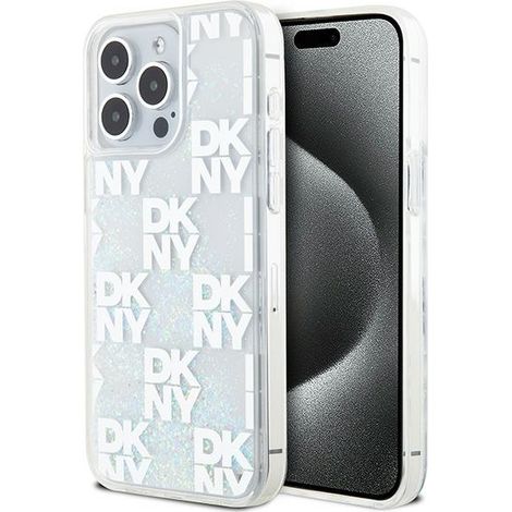 Funda rígida blanca DKNY DKHCP15XLCPEPT para iPhone 15 Pro Max de 6,7" con purpurina líquida y logotipo múltiple. (1/5)