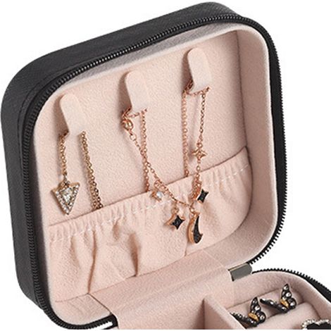 Tragbare Schmuckaufbewahrungsbox, Ringbox, Ohrringbox, Halskettenbox, schwarzes Etui 10 x 10 x 5 cm, ideal für Accessoires und zur Organisation (1/5)