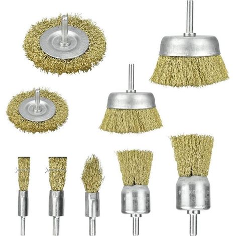 Wire Brush - 9 Pieces Brass Drill Wire Brush Set - 1/4 Inch Shank - For Rust Paint Scale Removal on Steel Aluminum - Cleaning Polishing Tool (1/5)