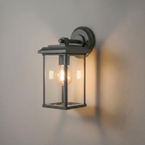 Applique Murale Exterieur avec Abat Jour en Verre Transparent, Luminaire Exterieur en Aluminium, Lampe Exterieur Murale E27 Max 25W IP65 Étanche Noir Mat(Non Incluse Lampe) (1/5)