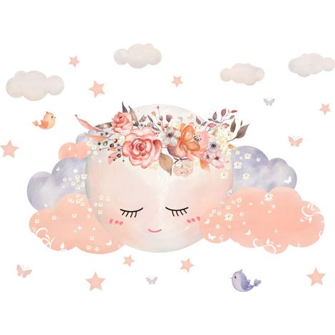 Wandtattoos für Mädchenzimmer, 60 x 30 cm, Rosa, Wolken- und Mondmotiv, Sterne und Blumen, Wanddekoration, Geschenk