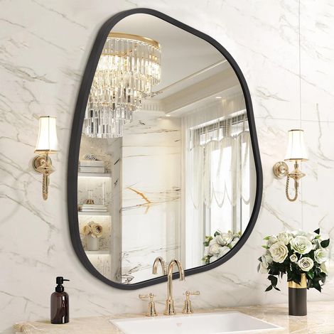 Miroir mural irrégulier noir pour salle de bain, cadre en alliage d'aluminium, miroirs décoratifs asymétriques en métal brossé, miroir de vanité mural monté pour salon, chambre à coucher (1/5)