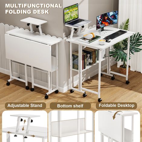 Bureau d'ordinateur pliable avec roulettes, petit bureau d'ordinateur électrique portable à roulettes avec support de rangement, bureau d'angle, bureau pliable pour petit espace, 58x80x75cm (1/5)