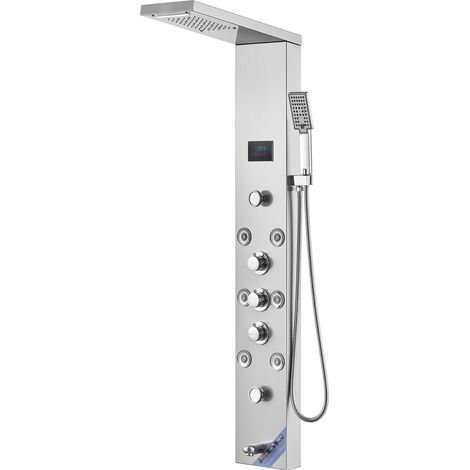 Panneau de douche mural en acier inoxydable, 6 modes, LED et écran hydroélectrique, pluie, cascade, 8 jets massants, robinet de baignoire, douchette à main. (1/5)