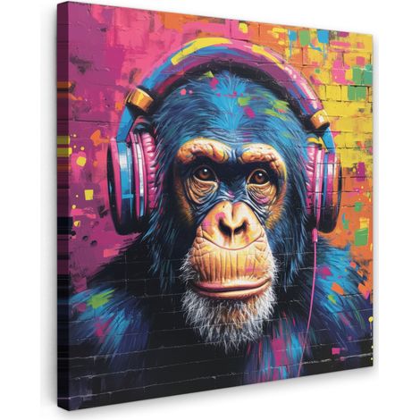 Canvas Print Graffiti - Chimpanzee - Street art - Headphones - Monkey 50x50 cm