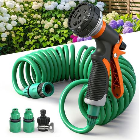 Expandable Garden Hose, 7.5 M Expandable Garden Hose with 8 Function Shower, Fittings, Hand Sprayer, for Car Washing, Pet Showers and Garden Watering (1/5)