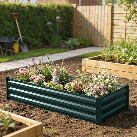 Fioriera rettangolare per ortaggi da giardino in acciaio zincato con bordo di sicurezza e fondo aperto, 150x70x30 cm, verde (1/5)