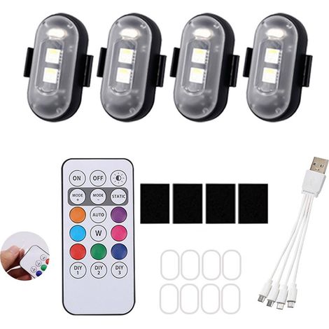 Feux D Avertissement LED - Stroboscopique Sans Fil - IP65 Etanche - 8 Couleurs 10 Modes - Télécommande 7 M - Rechargeable USB - Pour Drone Moto Voiture Vélo - 4 Pièces (1/5)