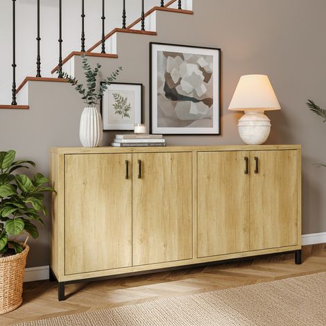 Buffet couleur bois naturel - 4 portes à charnières, grain de bois, poignées en métal - 2 étagères réglables - 160x35x80 cm - Bohème (1/5)