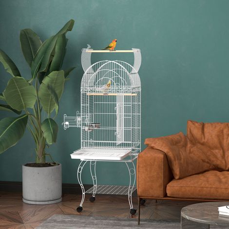 Cage à oiseaux sur roulettes avec étagère amovible, plateau, 2 gamelles, perchoir, acier inoxydable, 51 x 51 x 153 cm, blanche (1/5)