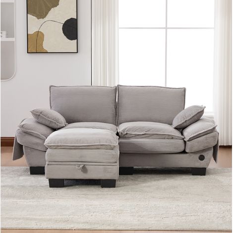 Sofá de 2 plazas 190x132x84 cm de tela acanalada gris claro con puf - MEUBLIV (1/5)