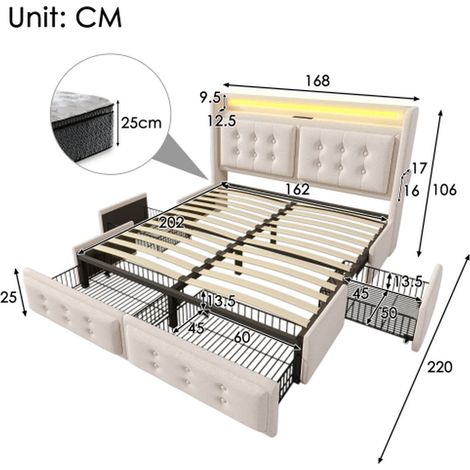 Lit double 160x200 avec tête de lit LED, USB-c, 4 tiroirs, cadre métal et bois, beige, avec matelas (1/5)