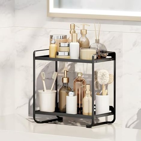Petit comptoir de salle de bain à 2 niveaux pour rangement et rangement, porte-parfum, maquillage, lotion, cosmétiques, soins de la peau, étagère de produits capillaires pour commode, (1/5)