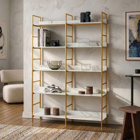 Libreria Noskik Scaffale da Terra con Ripiani 180 x 120 x 30 cm - Color Oro / Effetto Marmo Bianco [en.casa] (1/5)