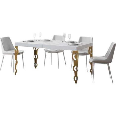Table rectangulaire extensible orientale 6 à 20 personnes L 160 à 420cm frêne blanc et pieds métal doré Kazay (1/5)