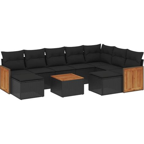 Salon de jardin 10 pcs Mobilier de jardin avec coussins noir résine tressée (1/5)