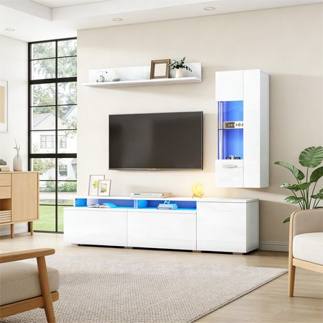 Unité murale TV 3 pièces LED brillante : box TV,vitrine et étagère suspendue,compatible TV jusqu’à 80 pouces,blanc.