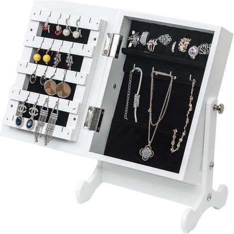 Armoire à Bijoux avec Miroir, Organisateur de bijoux sur pieds, Verrouillable, Avec miroir inclinable, Blanc (1/5)