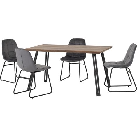 Quebec Straight Edge Dining Set with Lukas Chairs - Medium Oak Effect/Black/Grey Velvet (1/5)