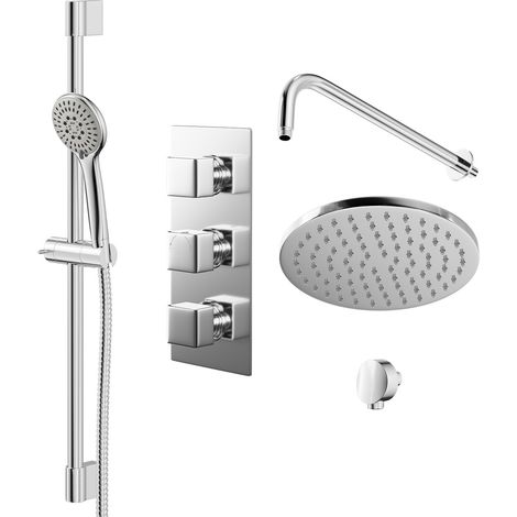 Cubix Polished Chrome Triple Thermostatic Valve Mixer Shower with Round Fixed Head and Avon Shower Slide Rail Kit - 2 Outlet (1/5)