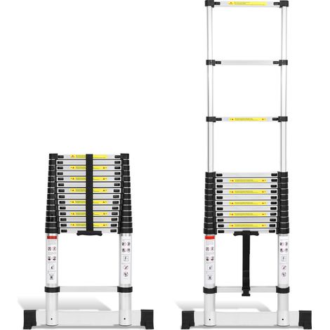 Jiubiaz Escalera telescópica de aluminio de 4,4 m, escalera de apoyo recta con estabilizador, con una capacidad de carga de hasta 150 kg
