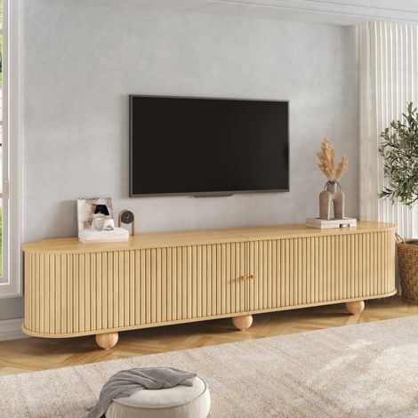 Modernluxe - Meuble TV d'angle arrondi 180x35x45 cm - 2 portes coulissantes - Pieds sphériques - MDF - Naturel (1/5)