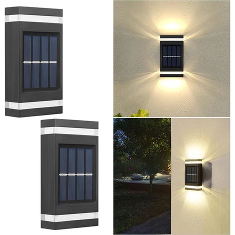(Lot de 2 lampes solaires murales extérieures à 6 LED, lumière chaude), étanches, éclairage vers le haut et vers le bas, compatibles avec terrasses, jardins, clôtures et extérieurs de villas. (1/5)
