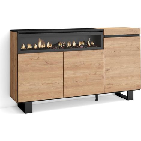 Buffet Salon et Cuisine Meuble de Rangement, Commode 150x87x35cm 3 Portes Cheminée électrique Design Industriel Style Moderne Chêne et Noir (1/5)