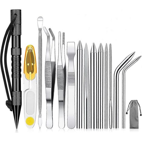Kit de 14 outils pour paracorde : aiguille, outil de lissage, pointe Marlin, pour le tressage du cuir (noir). (1/4)