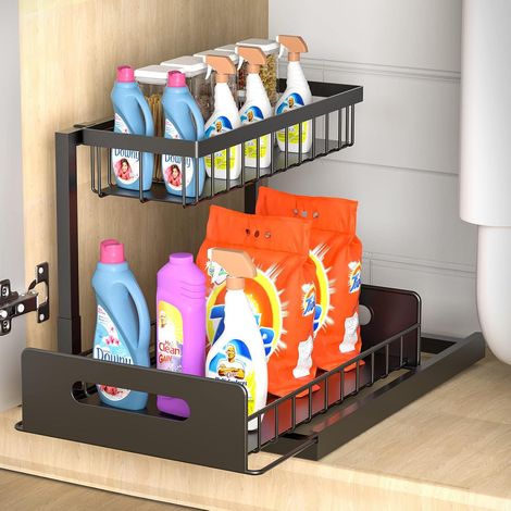 Etagère Sous Évier - Acier Inoxydable - 2 Niveaux Coulissants - Design En L - Pour Tubes D’évacuation - 1 Pièce (1/5)