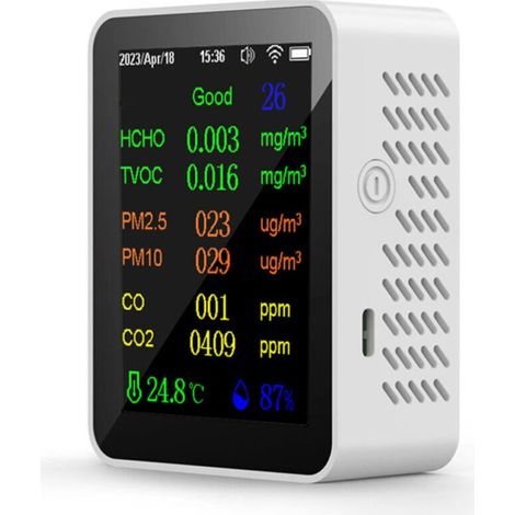 Misuratore portatile di qualità dell'aria 9 in 1, PM2.5, PM10, CO, CO2, TVOC, HCHO, AQI, temperatura e umidità, schermo a colori, rilevatore di anidride carbonica con visualizzazione di data e ora, (1/4)
