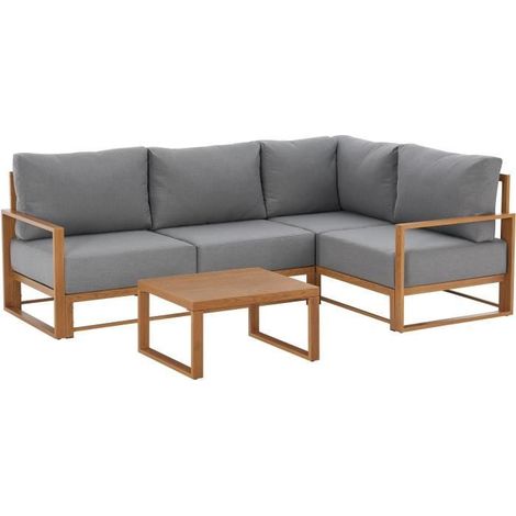 Salon de jardin canapé d'angle en aluminium effet bois – 5 places – Coussins gris clair pour confort – Table basse élégante – 1000Brico (1/5)
