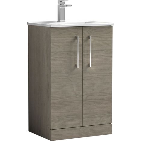 Balterley  Modern Bathroom 2 Soft Close Door & Minimalist Floor Standing Vanity Unit Basin, Solace Oak, 345mm