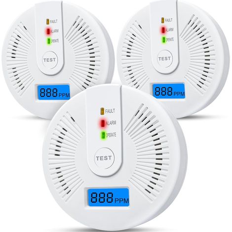 Pack 3 alarmes CO – Détecteur monoxyde carbone – Écran digital – Sécurité habitation – Piles AA (excl.)