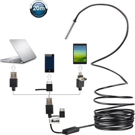 Eosnow 3-in-1-USB2.0-Micro-USB-Typ-C-Endoskop-Inspektion, Endoskopkamera, 5,5 mm, integrierte 6 einstellbare LED-Leuchten mit 20 m Kabel, IP67 wasserdicht, für Android, MacBook, Windows-PC