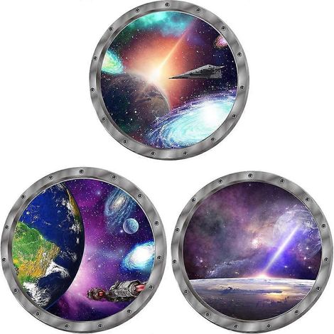 3D-Wandaufkleber mit Planeten, Universum, Galaxie und Weltraummotiven, 3-teilig, abnehmbare Fensteraufkleber mit Raumkapselmotiv
