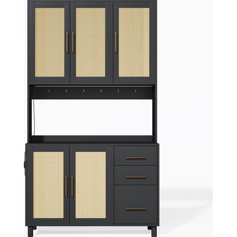 Aparador de cocina 183 cm con LED por app, 2 enchufes, estantes ajustables y 3 cajones