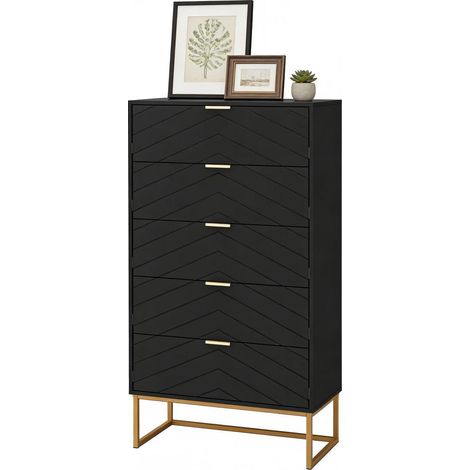 Kommode mit 5 Schubladen, schmal, schwarz, Metallfuß, Beistellschrank für Wohnzimmer (1/5)