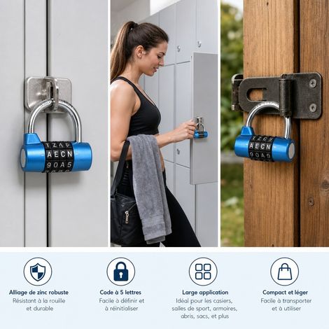 Cadenas a Code 5 Lettres Bleu Alliage de Zinc 14.3 x 9 x 3 cm pour Vestiaire et Casier (1/4)