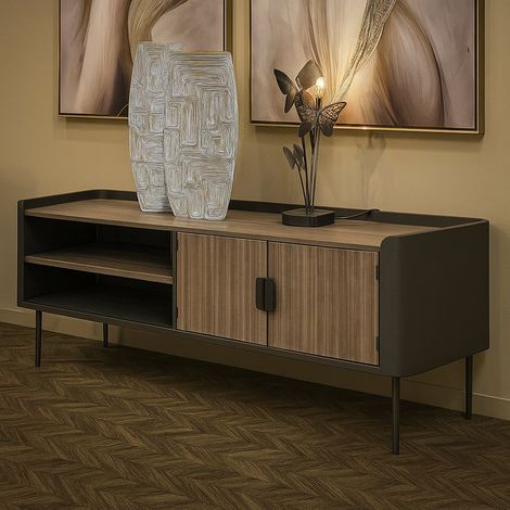 Dmora - Mueble de televisión Berlingo, Aparador de salón, Mueble bajo para TV, Base de pared equipada, 150x42 h58 cm, Gris y Marrón (1/5)
