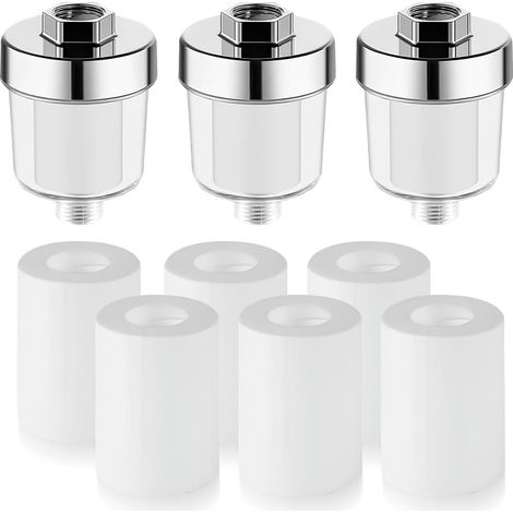 Lot de 3 filtres à eau universels avec 6 éléments filtrants interchangeables, efficaces pour filtrer les impuretés de l'eau de salle de bain (1/5)
