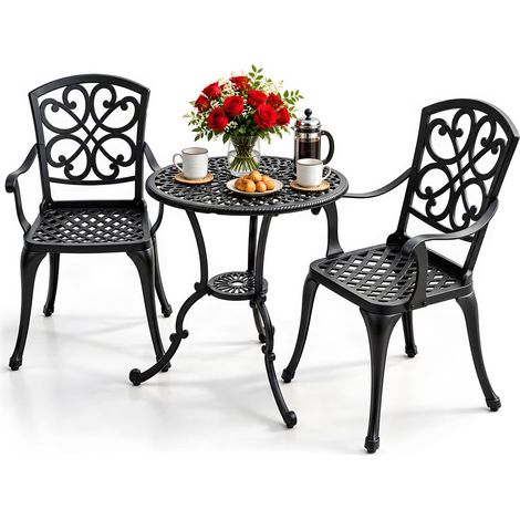 Homeology VIVALDI 3-Piece Cast Aluminium Garden Bistro Set- Rust-Proof Round Table with Parasol Hole & 2 Generously Sized Armchairs- Exquisite Baroque Design for Patio, Balcony & Conservatory (Black) (1/5)