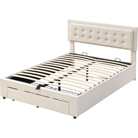 Cama tapizada 140 x 190 cm en terciopelo beige con somier de lamas, almacenaje y 2 cajones (1/5)