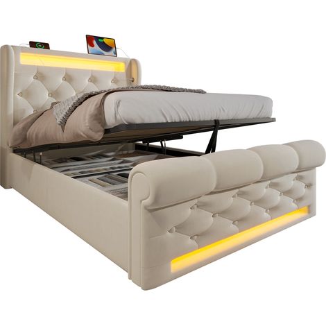 Lit capitonné moderne simple 90x200, LED, tête coffre USB Type-C, lit coffre hydraulique, beige, velours, matelas inclus, gain de place, pour chambre adulte (1/5)