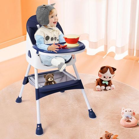 Baby Hochstuhl, Kinderhochstuhl mit Babyliege, Verstellbar Klappbar Hochstuhl Baby mit Fußstütze,Sicherheitsgurte,Doppeltablett, für ab 6 Monaten blau (1/5)