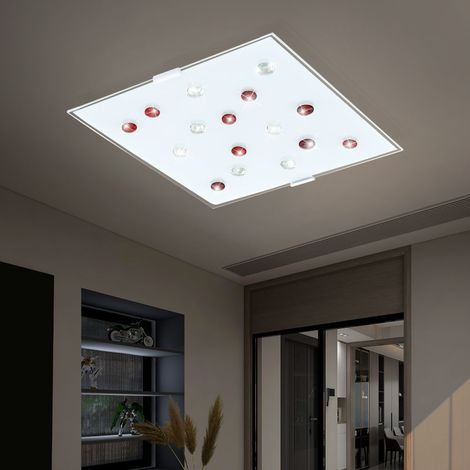 LED Deckenleuchte Glas Wohnzimmerleuchte quadratisch Modern Deckenlampe Glassteine rot, Stahl weiß, 12W 1020Lm warmweiß, LxBxH 29x29x7,5 cm